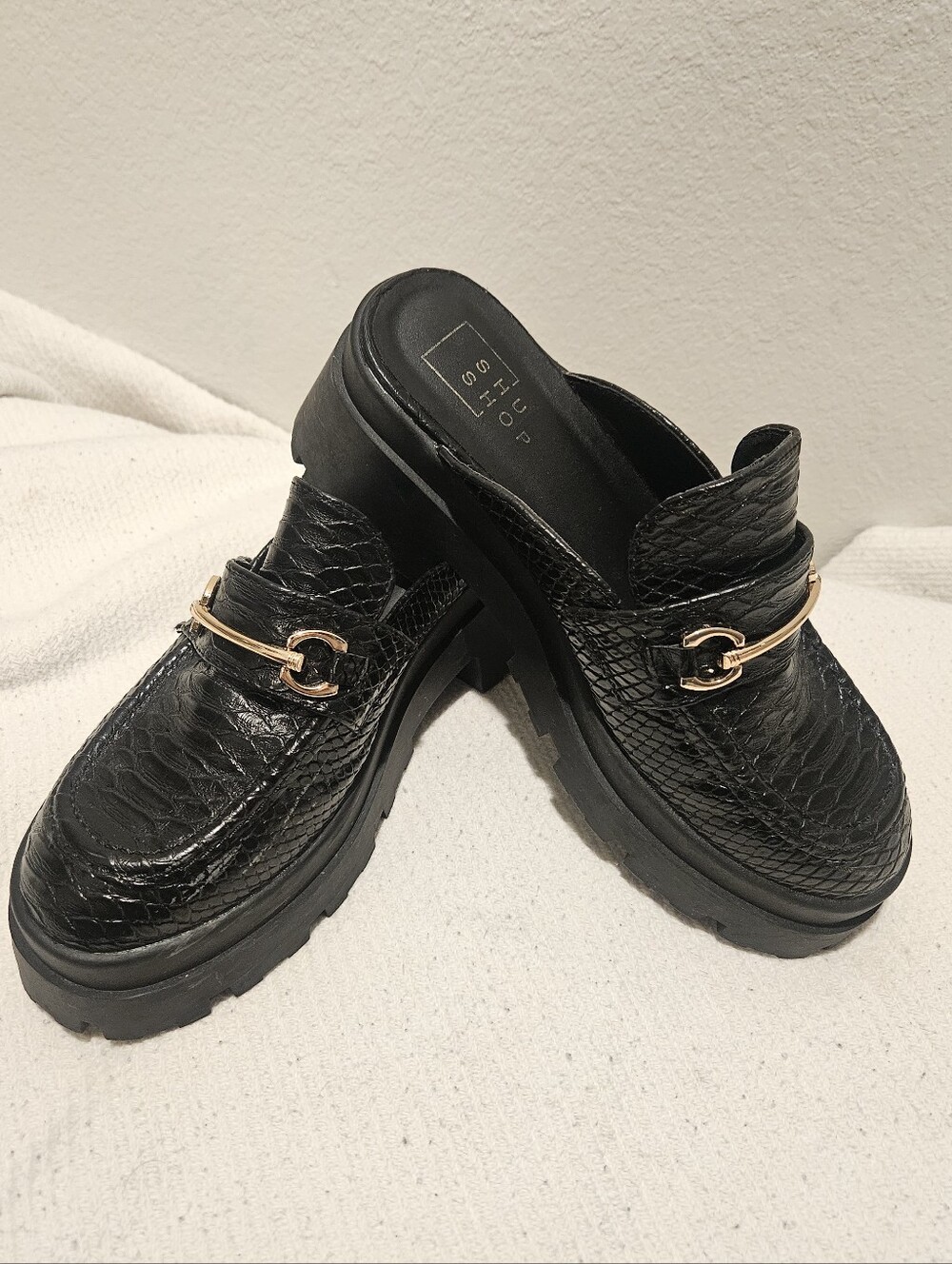 Black Slip-On Platform Loafer Mules with Gold Accent